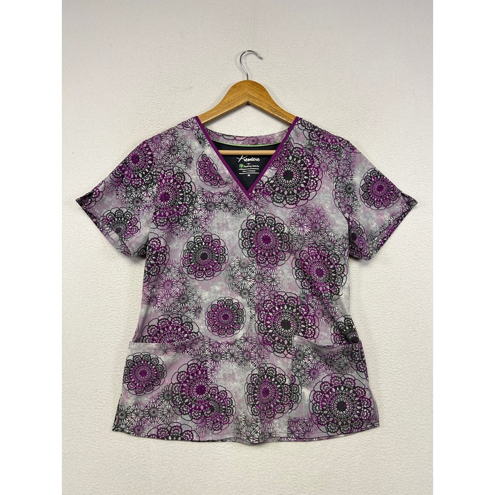 Mandala Boho Healing Hands Womens M Purple Geometric V-Neck Scrub Top
